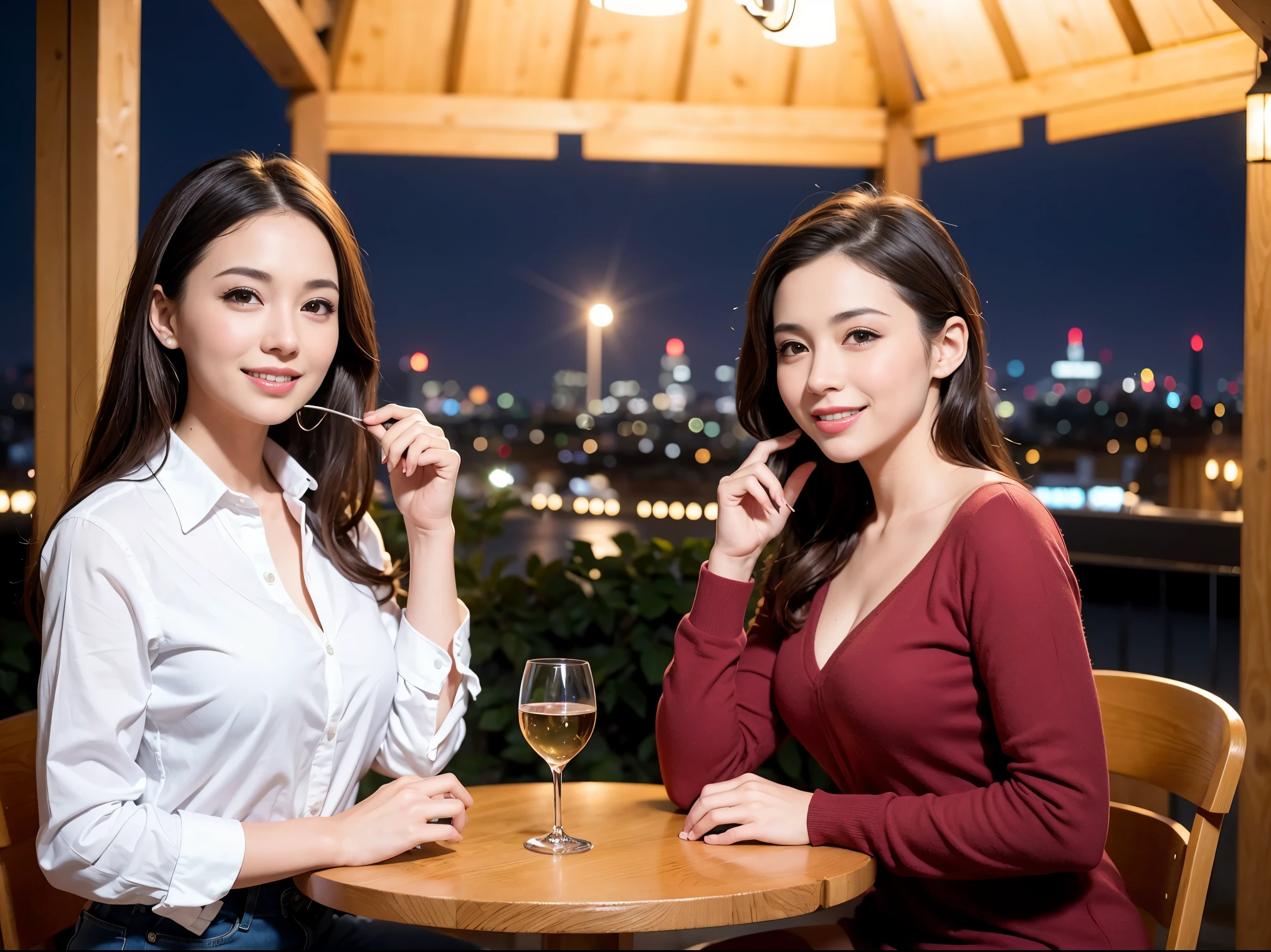 (including 64k, nffsw, highest quality, table top: 1.2), (realistic, photorealistic: 1.37), 美people3people、long sleeve shirt、winter fashion、Colombia、ブラジルpeople、Japanese、Dutch、ドイツpeople、Portuguese、ベルギーpeople、Italian、french, (slimフェイス), (slimボティ), (brown hair), (shortcut), cheeks blush a little, (35 years old), 38 years old, 一peopleで, 窓の外には美しく緻密なnight景が広がります., restaurant, wine glassが座っている, nightに, in a prominent place (from the Upper body) nova frog style, actress, model, Upper body, White wine, slim, wine glass, Super Clean night View, wine glass Put in the Middle, Happy smile, (smile: 1.15), beautiful and detailed eyes, Upper body, bust japan up, night, short, short, actress, model, Upper body, White wine, slim, wine glass, Super Clean night View, wine glass Put in the Middle, Happy smile,