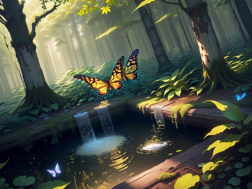 masterpiece, highest quality, (Highly detailed CG Unity 8K wallpaper), (highest quality), (best illustrations), (best shadows), Glow Sprite, With many shining butterflies, In the pool Drinking water, natureの要素 in the forest theme. Mysterious Forest, beautiful forest, nature, Surrounded by shining flowers, delicate leaf and branches surrounded by fire Fly (natureの要素), (Jungle theme), (leaf), (Twigs), (fire Fly), (particle effects), wait. 3D, octane rendering, ray tracing, super detailed