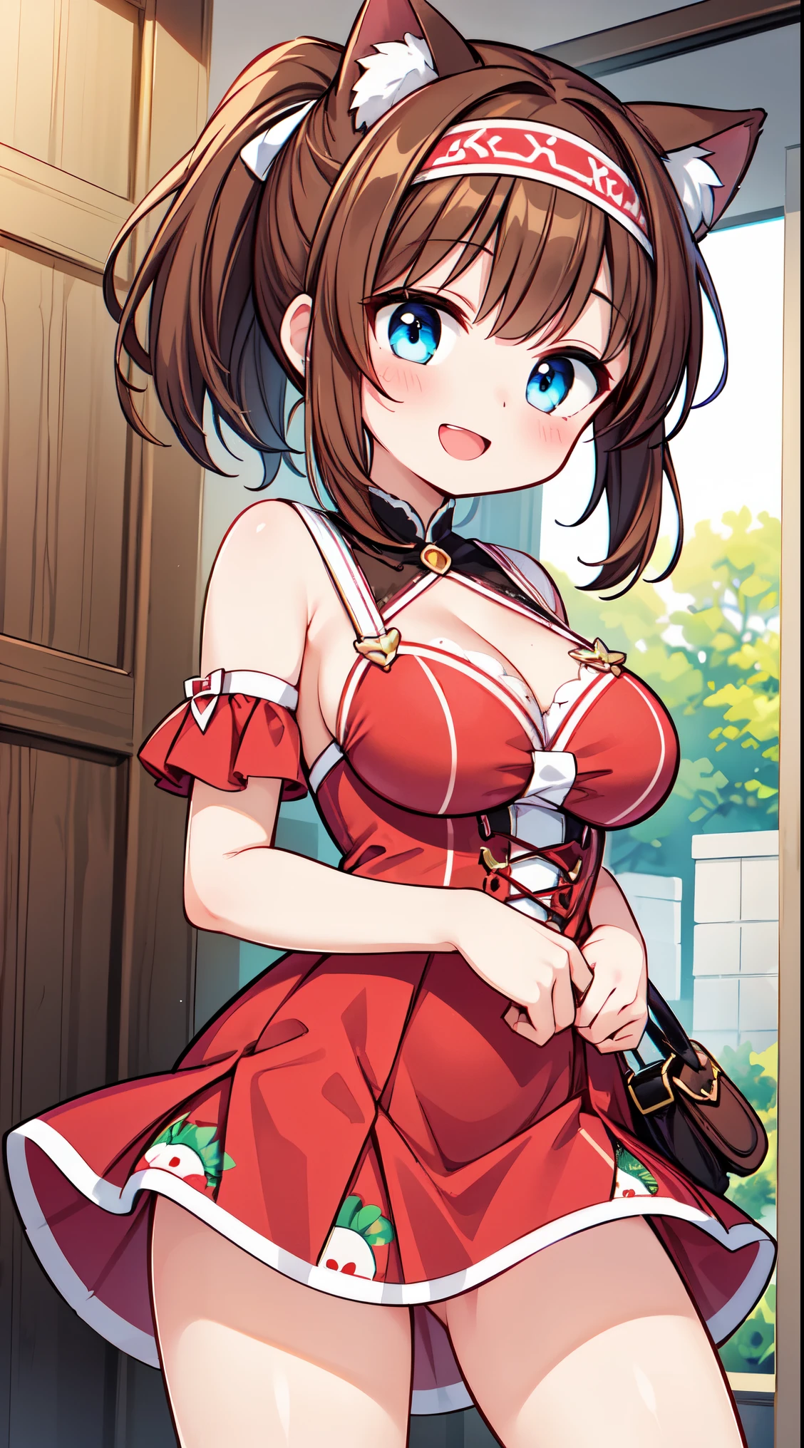 (super fine illustration:1.2),(masterpiece, 8k), (best quality, high quality:1.4), perfect anatomy, hyper detailed, ultra detailed,masterpiece background,beautiful detailed background, v8k wallpaper,perfect design,award-winning art,atmospheric,
BREAK, (Cute:1.5),(Chibi:0.6),(kawaii:1.5),(:0.5),BREAK,1 beautiful girl, ( girl), Very detailed, colourfull, highest details, BREAK, (Huge breasts: 1. 2), Clear skin, Beautiful skin, Shy skin, 1 beautiful girl, (Brown hair:1.75), (Cat ears, Ponytail, medium-Long hair: 1. 2), (Light blue eyes, long eyelashes, Double eyelids: 1. 2),Solo,gleaming skin, Clear skin, Beautiful skin,(best quality face),(Top quality glowing eyes),(The best smile,:D:1.45), nose blush, sleepy, grin, open mouth, skin,Clear skin, Beautiful skin,( A smile:1.5), //Character
1girl,
BREAK
//Fashion
Sweet Strawberry Sorbet,
Choose a dress with an adorable strawberry print, featuring vibrant red berries against a white or pastel background for a sweet and playful look,
BREAK
Crown the outfit with a headband adorned with green leaves, mimicking the leaves of a strawberry plant,
BREAK
Carry a cute strawberry-shaped handbag to complement the theme and add a whimsical touch to the ensemble,
BREAK
Complete the costume with red ballet flats or shoes, tying together the strawberry-inspired color scheme,
BREAK
BREAK,wakame,wakame,wakame,(arms breasts,from front ,cowboy shot:1.5) ,
BREAK,(Blurry background:1.3),(absurderes, hight resolution, Super Detail Art),cel shading,Clear Color, Lonely optical effect, Beautiful pictures, Bright glow, mystic atmosphere,(Close-up of girl:0.8), Mystical light particle effect,manga influence, clean line drawings
