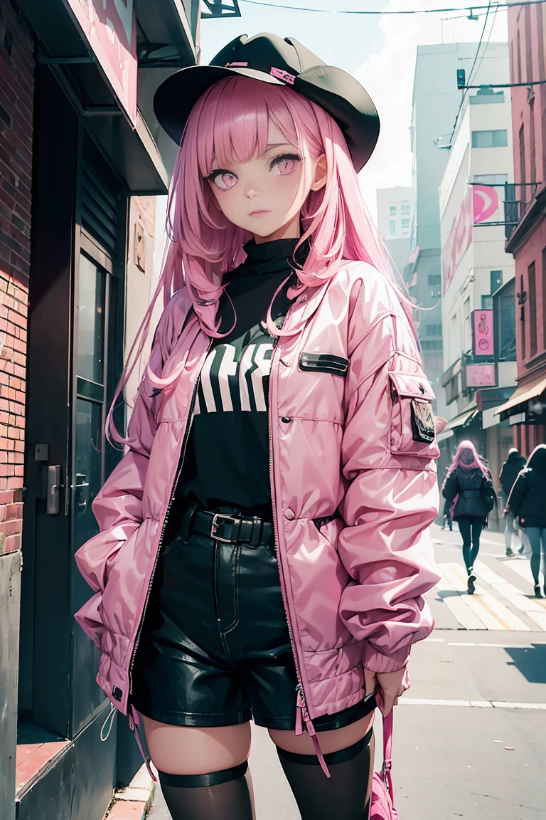 ((1 girl)), latest trend clothes, Street fashion,Large Jacket, shorts,black tights,cowboy shot,((Super detailed,highest quality, High resolution, 8k wallpaper, beautiful clothes,)),((pink hair, long hair,straight hair,two side up)) (green eyes),eye shadow, eyeliner,Glow eye, highly detailed eyes, complicated eyes, beautiful eyes, ((shining pink eyes))18 year old girl.
