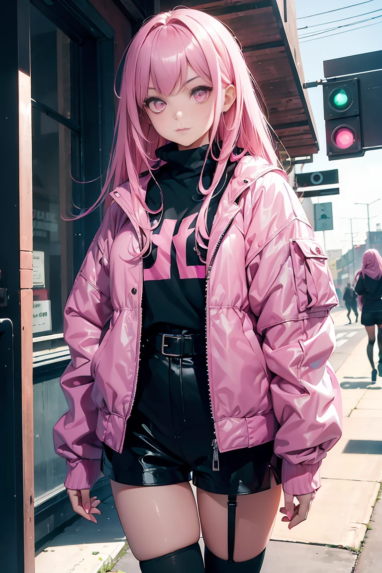((1 girl)), latest trend clothes, Street fashion,Large Jacket, shorts,black tights,cowboy shot,((Super detailed,highest quality, High resolution, 8k wallpaper, beautiful clothes,)),((pink hair, long hair,straight hair,two side up)) (green eyes),eye shadow, eyeliner,Glow eye, highly detailed eyes, complicated eyes, beautiful eyes, ((shining pink eyes))18 year old girl.