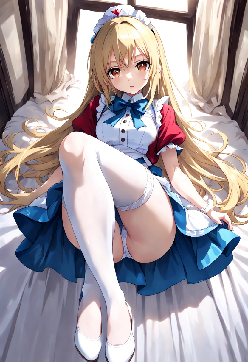 super detailed,(highest quality),((masterpiece)),(High resolution),original,Highly detailed 8K wallpaper,(very delicate and beautiful),
anime,
alice in wonderland,1girl Blonde Straight Hair Serious Stockings Sit Watch ( manga-anime , Gradient by Yumei Victor Ngai),NO 、Pants are lowered to the knees、white pants、Clean、golden pubic hair、Raise your legs up、spread your legs wide、holding the skirt and spreading it out、wet pussy、n