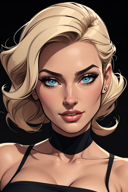 (cartoon style:1.2), Drawings of ([Modesty Blaise]), perfect eyes, detailed face, black background, fun posing, flirty look, Centered, scale to fit the dimensions