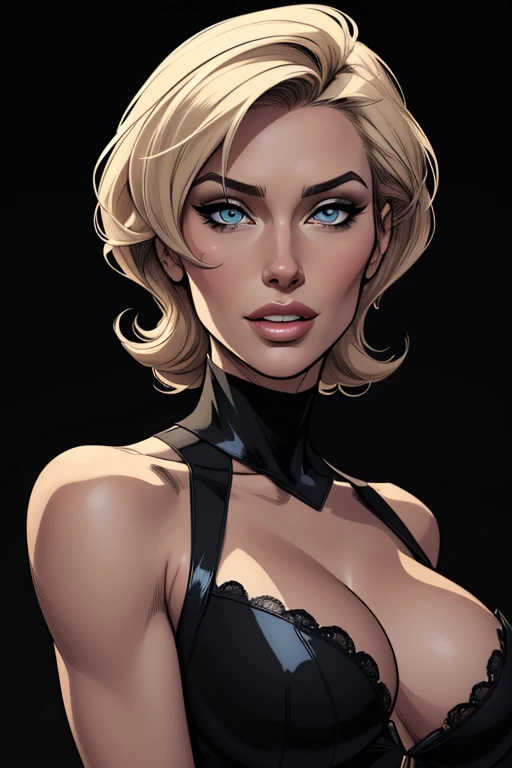 (cartoon style:1.2), Drawings of ([Modesty Blaise]), perfect eyes, detailed face, black background, fun posing, flirty look, Centered, scale to fit the dimensions