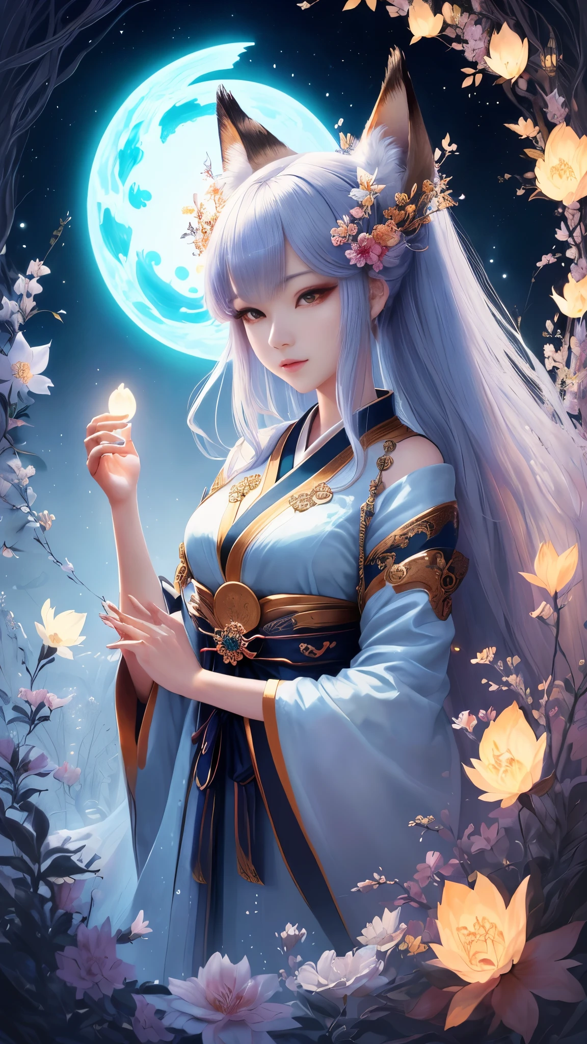 masterpiece , best quality, Close-up, masterpiece, beautiful details, colorful, delicate details, delicate lips, intricate details, genuine, ultrargenuineista, 枝に座っている色とりどりの髪のFoxを持つ女の子:sexy, fascinating, ,色とりどりのFox, raposa de nine tails, 三尾Fox, 三尾Fox, onmyoji detailed art, beautiful fine art illustration, mythical creatures, Fox, beautiful digital art,shrine maiden,japanese architecture,hold hands,exquisite digital illustration, mizutsune, Inspired by mythical wild web creatures, pixiv in digital art, shining light, high contrast, Mysterious,枝に座っている色とりどりの髪のFoxを持つ女の子,front,looking at the camera