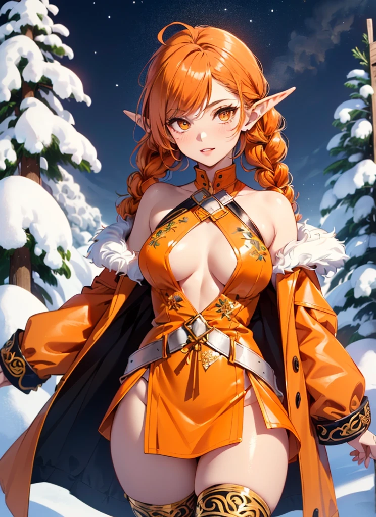 cute loli elf,(((little ,tiny little body,little))),(((6 years old))),((anime elf with extremely cute and beautiful orange hair)), (((elf))), (((elf ears))),
(((flat chest))),((((black hair:1.35,messy orange hair,long hair,huge braids,colored inner hair,ear breathing)))),(((orange_eyes:1.3))),intricate eyes,beautiful detailed eyes,symmetrical eyes,big eyes:1.5,(((lustrous skin:1.5,bright skin: 1.5,skin tanned,shiny skin,very shiny skin,shiny body,plastic glitter skin,exaggerated shiny skin,illuminated skin))),(detailed body,(detailed face)),
cute,slutty,erotic,daring,(((nsfw))),
zettai ryouiki,revealing clothing,show skin,(((Sexy orange coat, orange coat outfit, wearing a orange coat:1.3,orange winter coat))), ((orange mini-skirt,orange mini skirt with furry edge,visible thong straps)),(white gloves,orange clothes,semi-naked,with little orange clothing,((((furry edge clothing)))),(((intricate outfit,intricate clothes,embroidered outfit,ornate outfit))),
(dynamic pose:1.0),embarrassed,(centered,scale to fit dimensions,Rule of thirds),
((snowy pine forest at night)),with dark stormy clouds,winter,scenery:1.25,((snow forest background)),Christmas tree,
highres,sharp focus,(ultra detailed,extremely detailed),(photorealistic artwork:1.37),(extremely detailed CG unity 8k wallpaper),(((vibrant colors,vibrant theme))),(intricate),(masterpiece),(best quality),