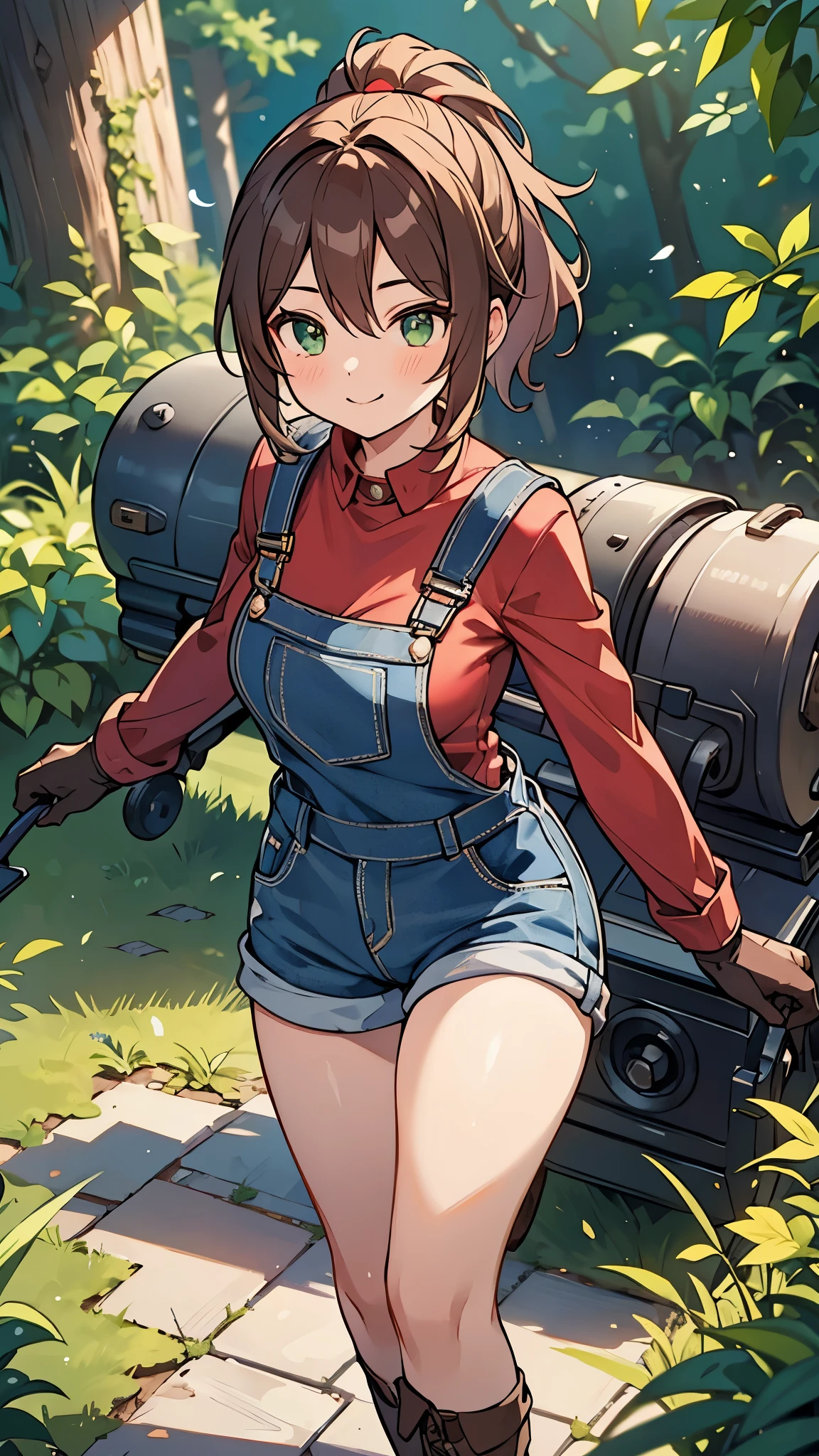 ((A Pretty girl with a large brown ponytail)), ((Wearing denim overalls and hot pants)), Baby face, ((master piece, top-quality, ultra-definition, high resolution)), anime girl, ((ultra-detailed illust:1.2)), only one person, bangs, hair between eye, green eyes, Shiny eyes, Small breast, Big smile, in the forest, ((red clothes with long sleeves)), leather gloves, leather boots, thigh, ((turret))