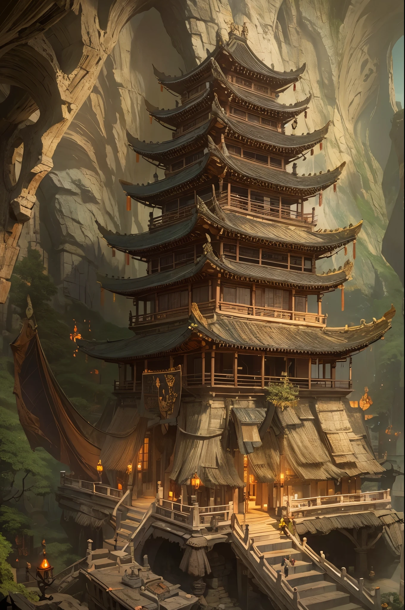 Nine-story demon tower，Chinese stone pagoda architecture，Inside the underground cave，Its corners are connected to the cave wall by chains，Many bells on the chain，There are links at every level