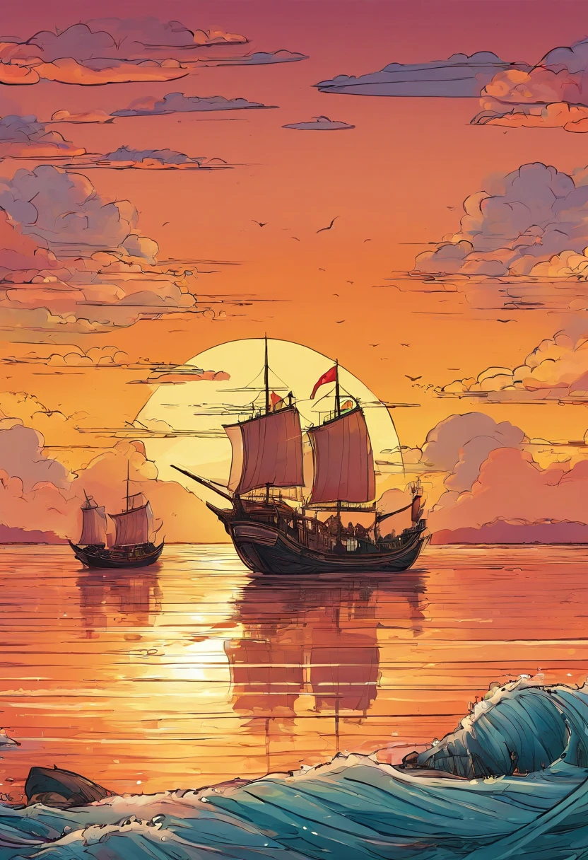 Sunset over the sea horizon with Chinese junks