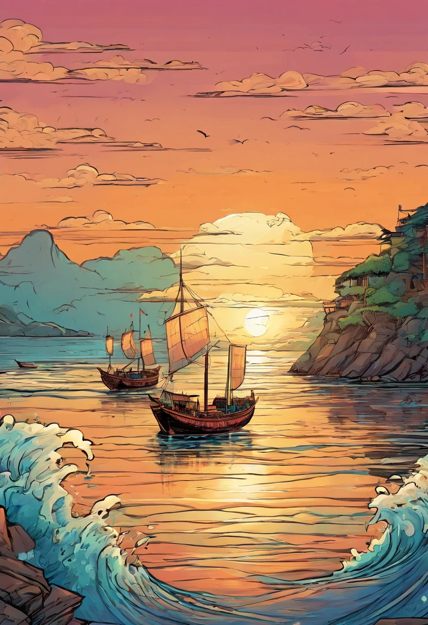 Sunset over the sea horizon with Chinese junks