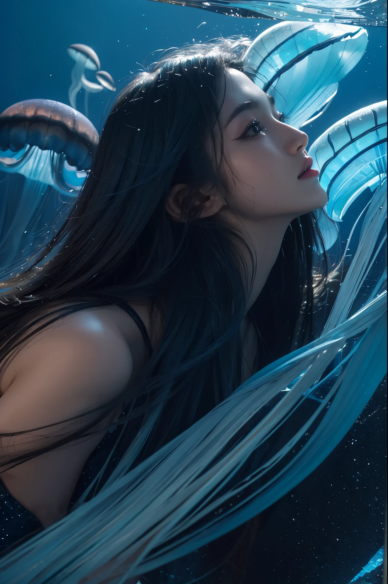 A woman in a black dress is floating in the water - SeaArt AI