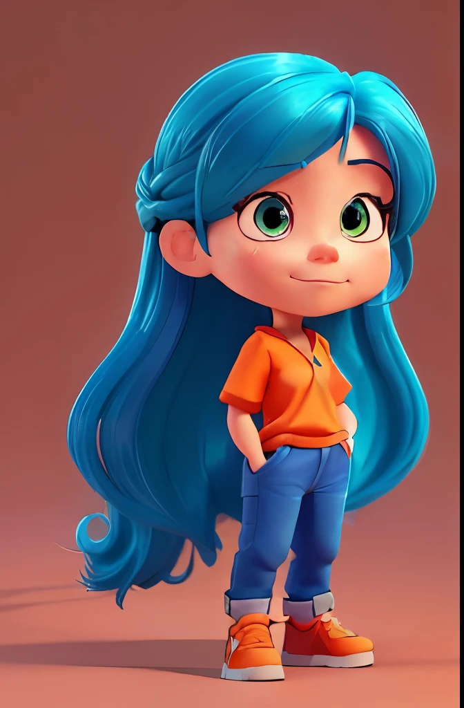 a woman with long blue hair and orange shirt posing for a photo, artgerm and atey ghailan, anime styled 3d, cartoon character, artgerm ; 3d unreal engine, render of a cute 3d anime girl, cute cartoon character, ross tran 8 k, ross tran style, in the style of ross tran, animation character