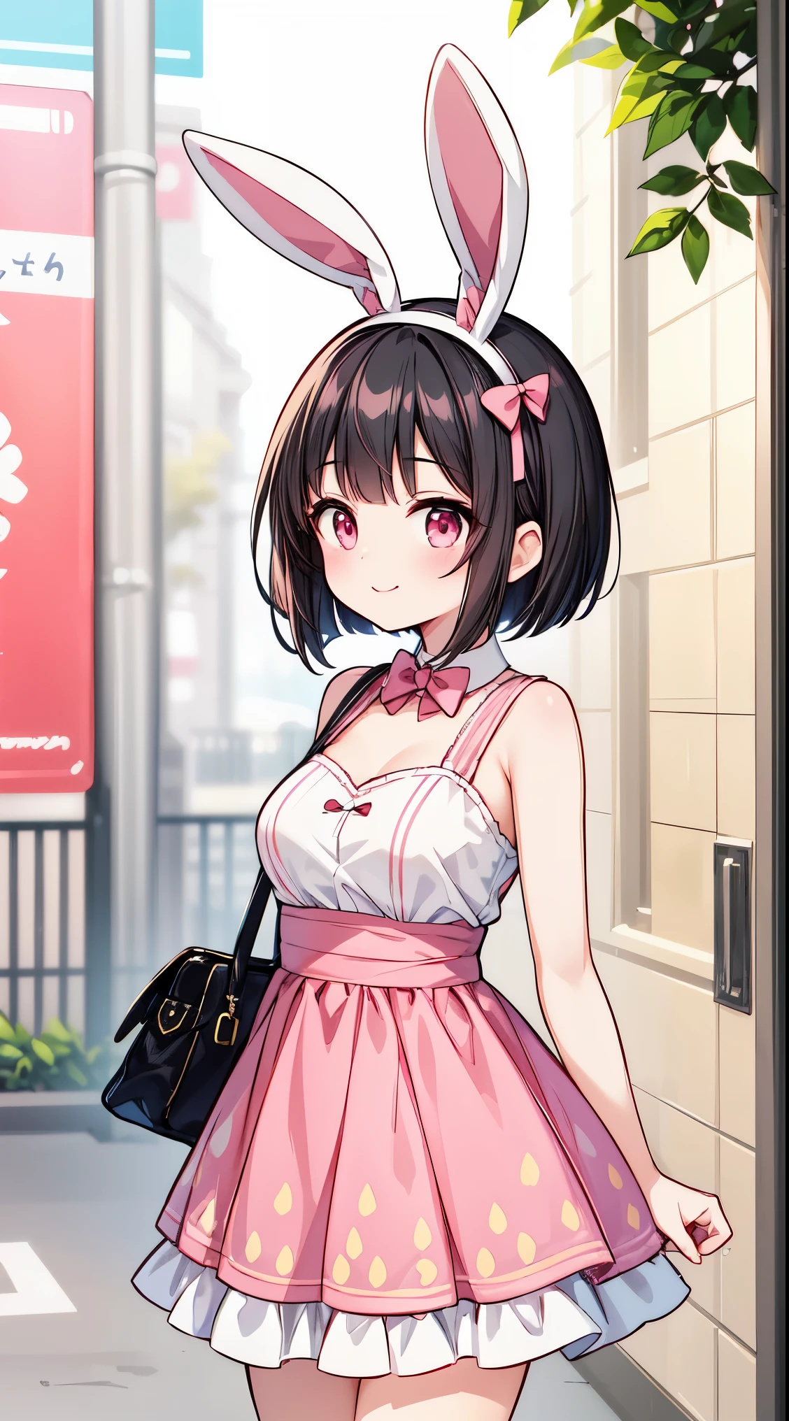 (super fine illustration:1.2),(masterpiece, 8k), (best quality, high quality:1.4), perfect anatomy, hyper detailed, ultra detailed,masterpiece background,beautiful detailed background, v8k wallpaper,perfect design,award-winning art,atmospheric,
BREAK, 1 beautiful horny girl,alone,(cute type:1.5),(Chibi:0.8),(cute type:1.5),(change:0.5),(horny girl, cute, full of energy, change face,slightly swollen chest),(black hair, messy short bob, story me, pink eyes:1.55 ),(full of energy, goofy smile, bad face:1.2),(white bunny ears headband:1.2), //Character
1girl,
BREAK
//Fashion
Sweet Strawberry Sorbet,
Choose a dress with an adorable strawberry print, featuring vibrant red berries against a white or pastel background for a sweet and playful look,
BREAK
Crown the outfit with a headband adorned with green leaves, mimicking the leaves of a strawberry plant,
BREAK
Carry a cute strawberry-shaped handbag to complement the theme and add a whimsical touch to the ensemble,
BREAK
Complete the costume with red ballet flats or shoes, tying together the strawberry-inspired color scheme,
BREAK
BREAK,wakame,wakame,wakame,(arms breasts,from front ,cowboy shot:1.5) ,
BREAK,(Blurry background:1.3),(absurderes, hight resolution, Super Detail Art),cel shading,Clear Color, Lonely optical effect, Beautiful pictures, Bright glow, mystic atmosphere,(Close-up of girl:0.8), Mystical light particle effect,manga influence, clean line drawings