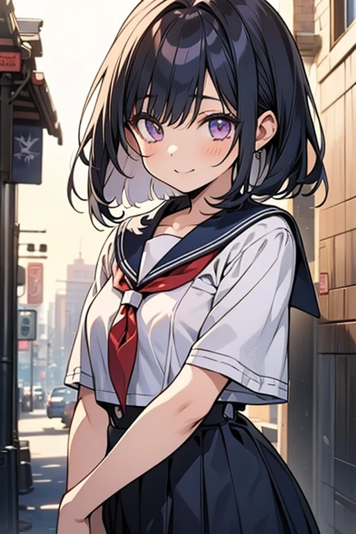 (masterpiece),(highest quality),(very detailed),(enlightenment),(ultra high resolution), Anime adult girl with black hair and wearing a sailor suit, navy blue sailor uniform, anime style, 2D rendering of anime girl, realistic young anime girl, Smooth anime CG art, headband, smile, purple eyes, small breasts, tall, Straight hair, short bob cut,long skirt, slanted eyes, The background is the city,