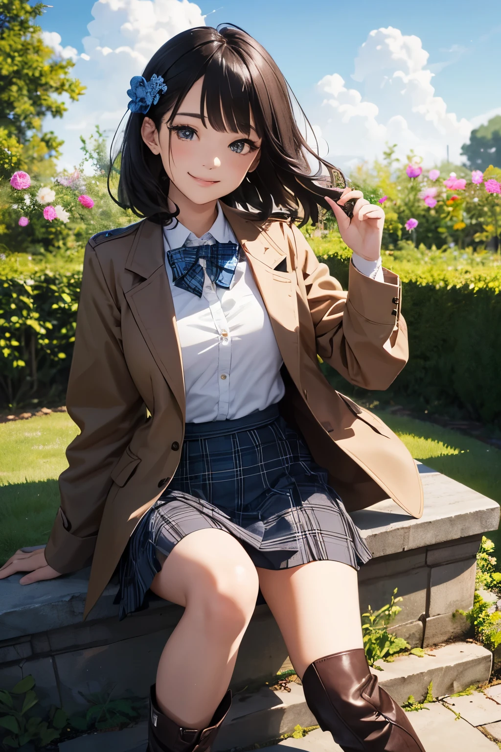 very cute and beautiful girl,(highly detailed beautiful face and eyes:1.2),(smile),cowboy shot,
(brown jacket:1.2),collared shirt,plaid bowtie BREAK detailed legs,zettai ryouiki,brown shoulder bag,brown boots,
stylish pose,dynamic angle,hair ornament,black hair,(blue plaid mini skirt:1.2),arbor in rose garden,stone stairs,
(best quality,masterpiece:1.2),absurdres,highres,ultra-detailed,extremely detailed,32k,8k resolution,
intricate details,cinematic scene,detailed background,solo,dynamic angle,
solo,hair fluttering in the wind,beautiful detailed sky,