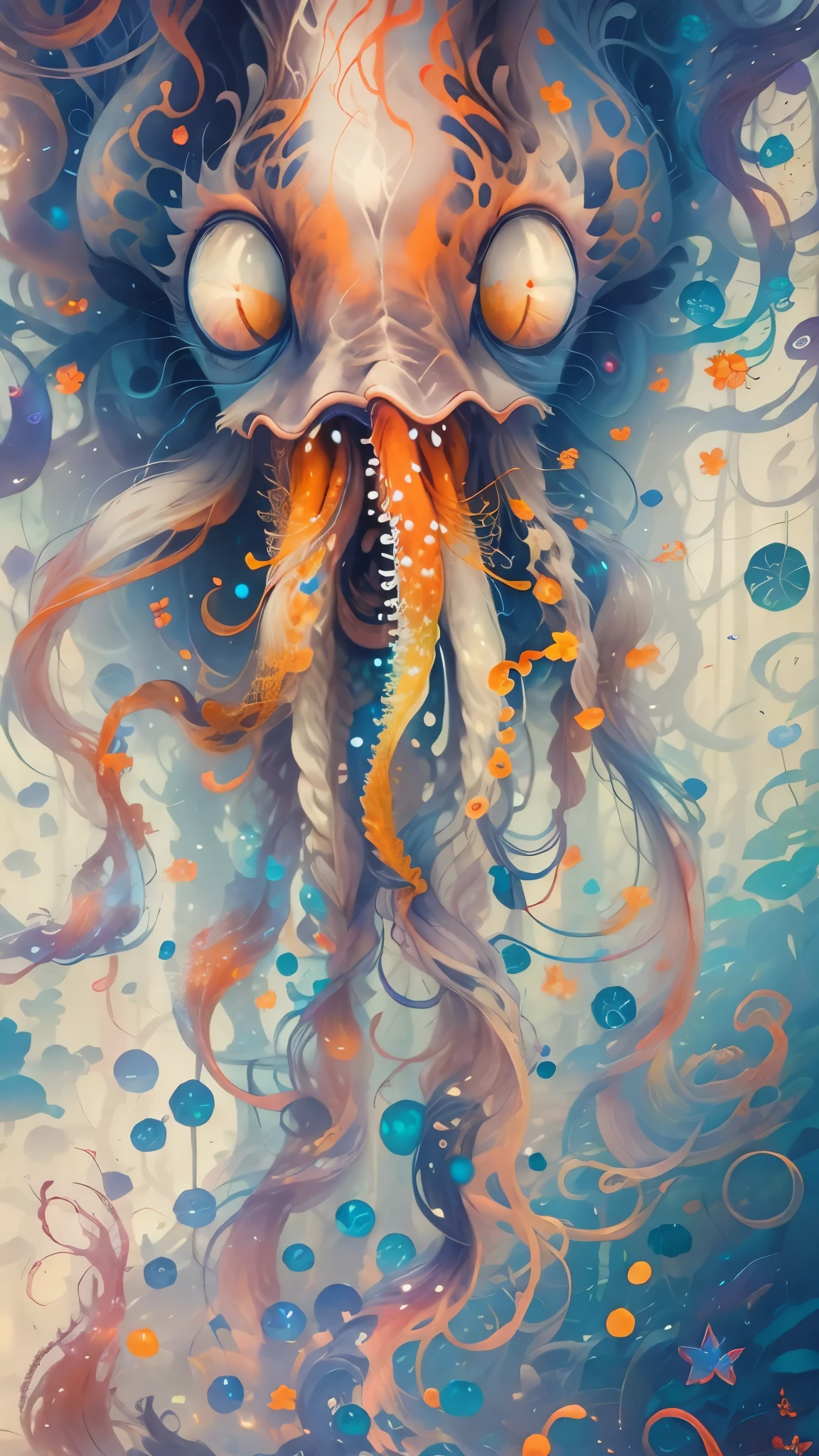 Super delicate，4K，8K，high resolution，masterpiece。Squid splatters colorful ink，Colorful squid，Brilliant colorful ink background，Fantastical colors，dream，wondrous