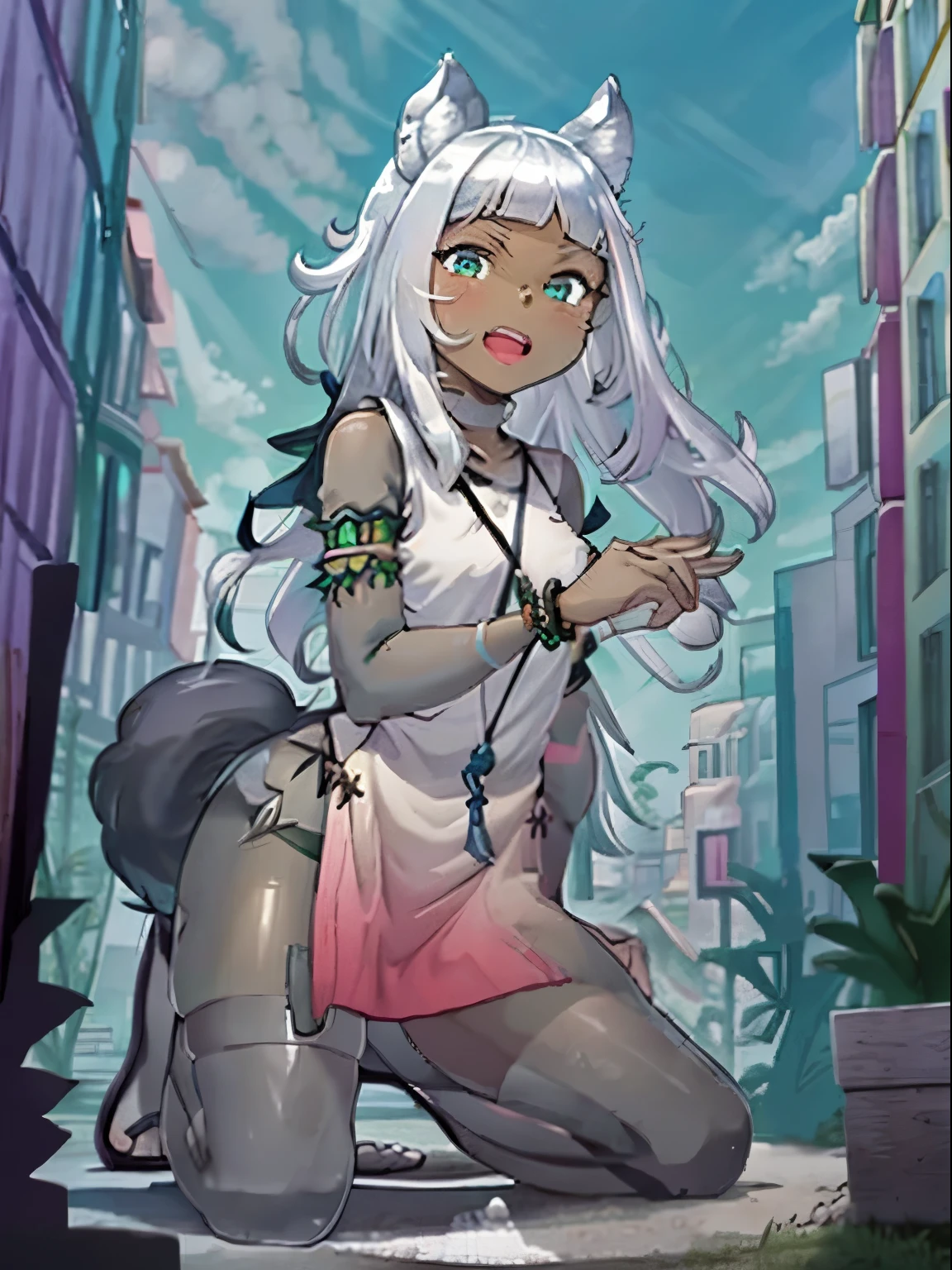 Ochette, city, girl, dark skin, white hair, green eyes, giantess, huge, small viewer, 70 ft tall, cute, full body, best quality, pink dress, metal bracelets, larger than buildings, flat ground, street, ground visible, black shorts, wearing shorts, adorable, kind, gentle, empty hands, small build, slim, shy, detailed mouth, size difference, kneeling over skyscrapers, sandals, tiny city, socks, loose clothes, perfect proportions, blushing, wolf tail