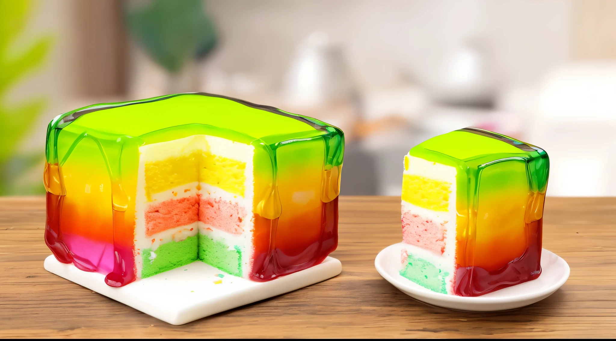 
cube-shaped cake covered with multi-colored jelly, cut, multi-colored jelly filling, a piece of cake next to the plate, miniature cake, realistic texture, realistic style, macro photography of food 