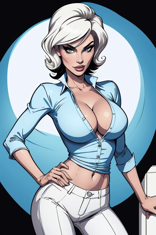 (cartoon style:1.2), Drawings of ([Modesty Blaise]), perfect eyes, detailed face, white pants, blue shirts, black background, fun posing, flirty look, Centered, scale to fit the dimensions