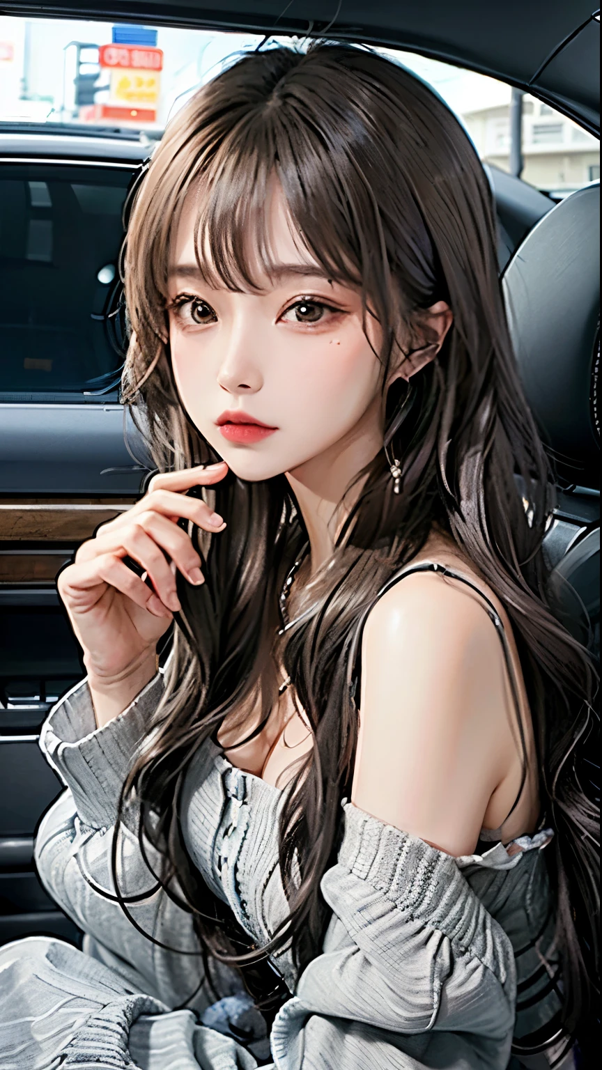 A close up of a woman sitting in a car with a cigarette - SeaArt AI