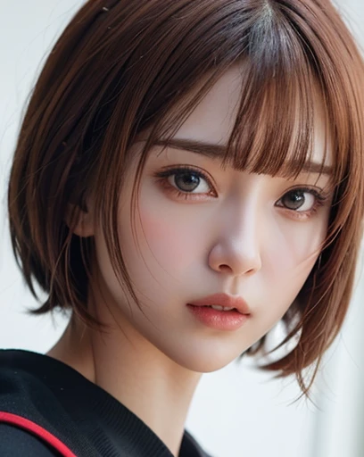 Zaid G, 1 girl, fine skin, looking at the viewer, brown eyes, (short hair with bangs:1.2), (medium breasts:1.0), (medium breasts輪:0.8), (realistic:1.4), (highest quality:1.0), (ultra high resolution:1.0), 8K, RAW photo, (masterpiece:0.2), (Pueros face_v1:0.5)、Styled woman with red hair and black uniform posing for a photo、Close up portrait of woman with red hair and black top, Realistic anime 3d style, realistic anime art style, anime realism style, attractive anime girl, real anime girl, inspired by anime, portrait anime space cadet girl, realistic anime art style, style anime, realistic young anime girl, 美しいanime style, perfect android girl, anime style