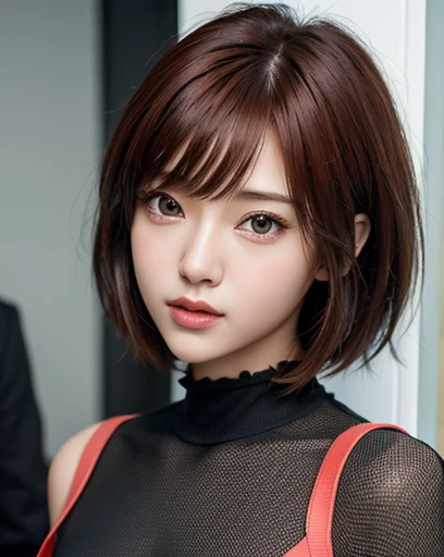 Zaid G, 1 girl, fine skin, looking at the viewer, brown eyes, (short hair with bangs:1.2), (medium breasts:1.0), (medium breasts輪:0.8), (realistic:1.4), (highest quality:1.0), (ultra high resolution:1.0), 8K, RAW photo, (masterpiece:0.2), (Pueros face_v1:0.5)、Styled woman with red hair and black uniform posing for a photo、Close up portrait of woman with red hair and black top, Realistic anime 3d style, realistic anime art style, anime realism style, attractive anime girl, real anime girl, inspired by anime, portrait anime space cadet girl, realistic anime art style, style anime, realistic young anime girl, 美しいanime style, perfect android girl, anime style
