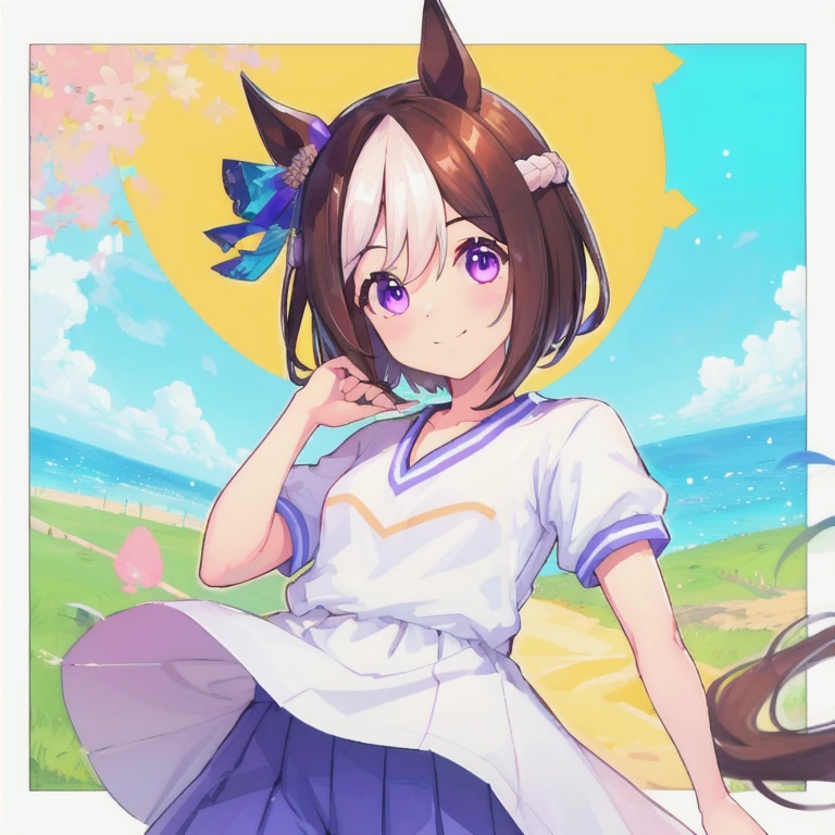 masterpiece, highest quality,perfect anatomy,Uma Musume,((special week)),Game Uniform,smile,one leg jump,Wave your right hand up,Racecourse