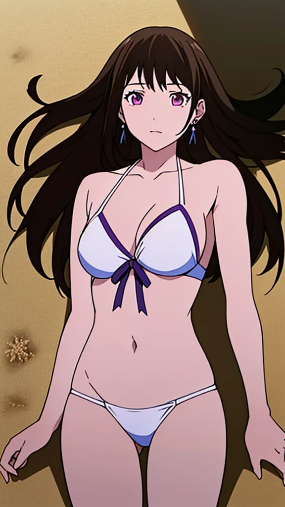 masterpiece, best quality, 1 solo girl, dark brown hair, purple eyes, wavy hair, long hair, medium breasts, mature body and face, white bikini, jewelry, hair ornament, earrings, ball, lying at the sand, white sand, summer, cowboy shots, sexy pose, dakimakura, detailed body, face, and eyes, sharp focus, vibrant, creative, dynamic, high definition, high resolution, 8k, (Upscale: R-ESRGAN 4x+ Anime6B), (Image enchance:4x), voluptuous body, summer girl,