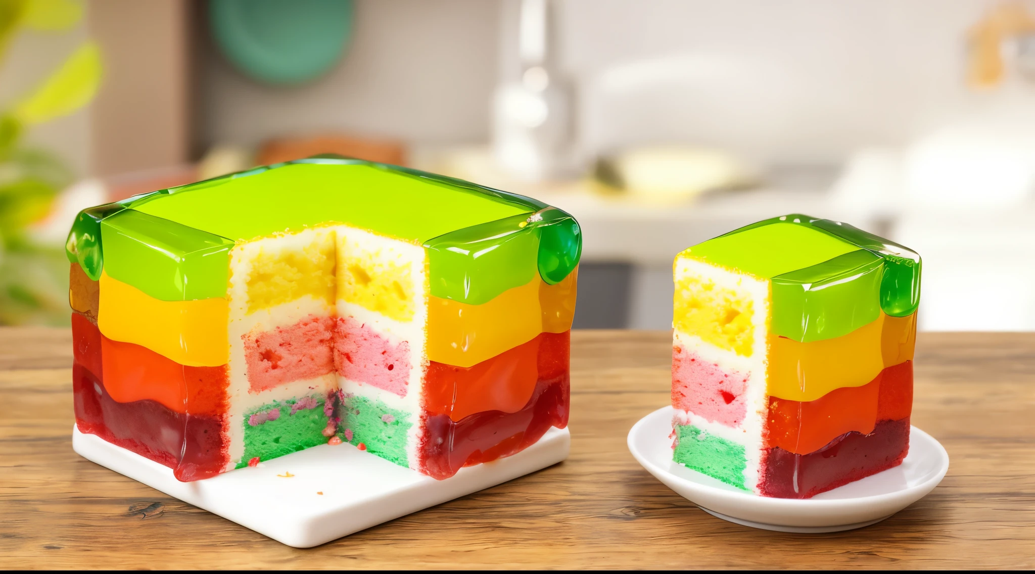 There is a cube cake made of multi-colored jelly on a wooden tabletop., cut, filling of multi-colored sponge cake and white cream, translucent jelly shell, jelly texture, Next to it is a plate with a piece of cube jelly cake, in a miniature kitchen, background children's kitchen, realistic textures, realistic style, Detailed textures, detailed photograph of miniature food, Macro Photography, realistic food photography, ultra 4k hd quality