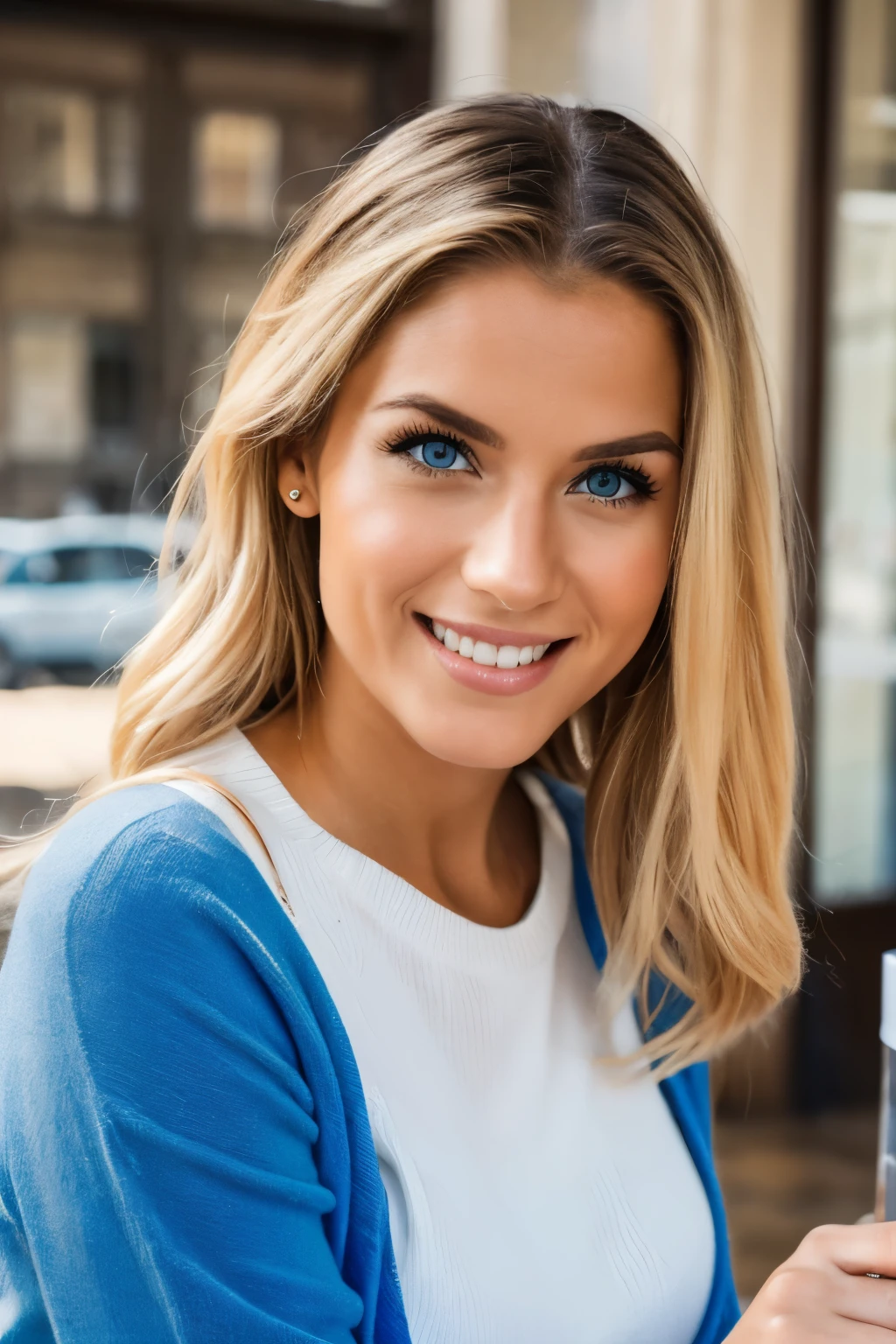 Beautiful blonde with very blue eyes wearing modern outfit, who is wearing a white sweater (drinking coffee in a cafe), Sehr detailiert, 23Jahre alt, big luscious natural breasts, Innocent smiling face, Natural wavy blonde hair hair, blaue Augen, high resolution, Meisterwerk, best quality, Komplizierte Details, Sehr detailliert, scharfer Fokus, detaillierte Haut, realistisch skin Textur, Textur, detaillierte Augen, Fachmann, 4K, charming smile, mit Kanone gedreht, 85mm, medium depth of field,  Kodak Vision Farbe, perfectly fitting body, Extremely detailed, Foto_\(Ultra\), photorealistisch, realistisch, Nachbearbeitung, Maximale Detailgenauigkeit, Rauheit, wahres Leben, Ultra realistisch, Fotorealismus, Fotografie, 8K UHD, Fotografie,