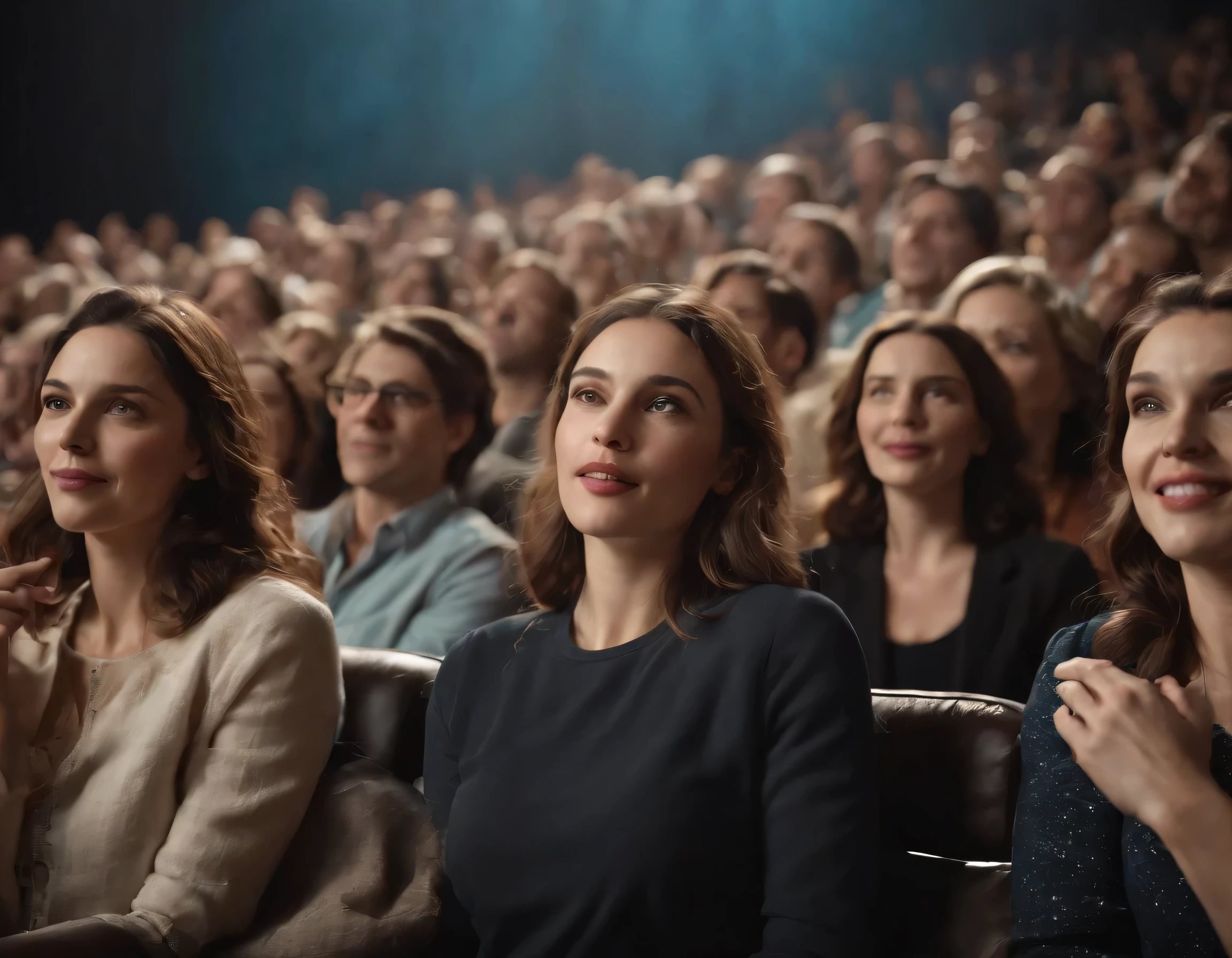 (best quality,ultra-detailed,photorealistic:1.37),happy people,watching movie in theater,excited expressions,crowded theater seats
