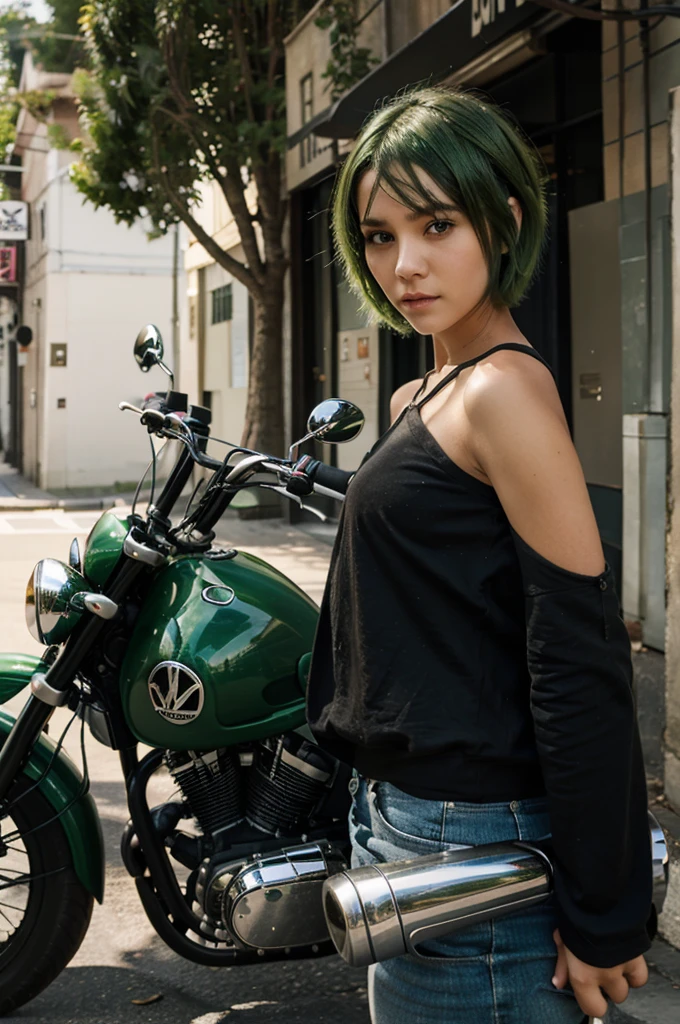 1girl, girl, short hair, green hair, brown eyes, street,motor cycle