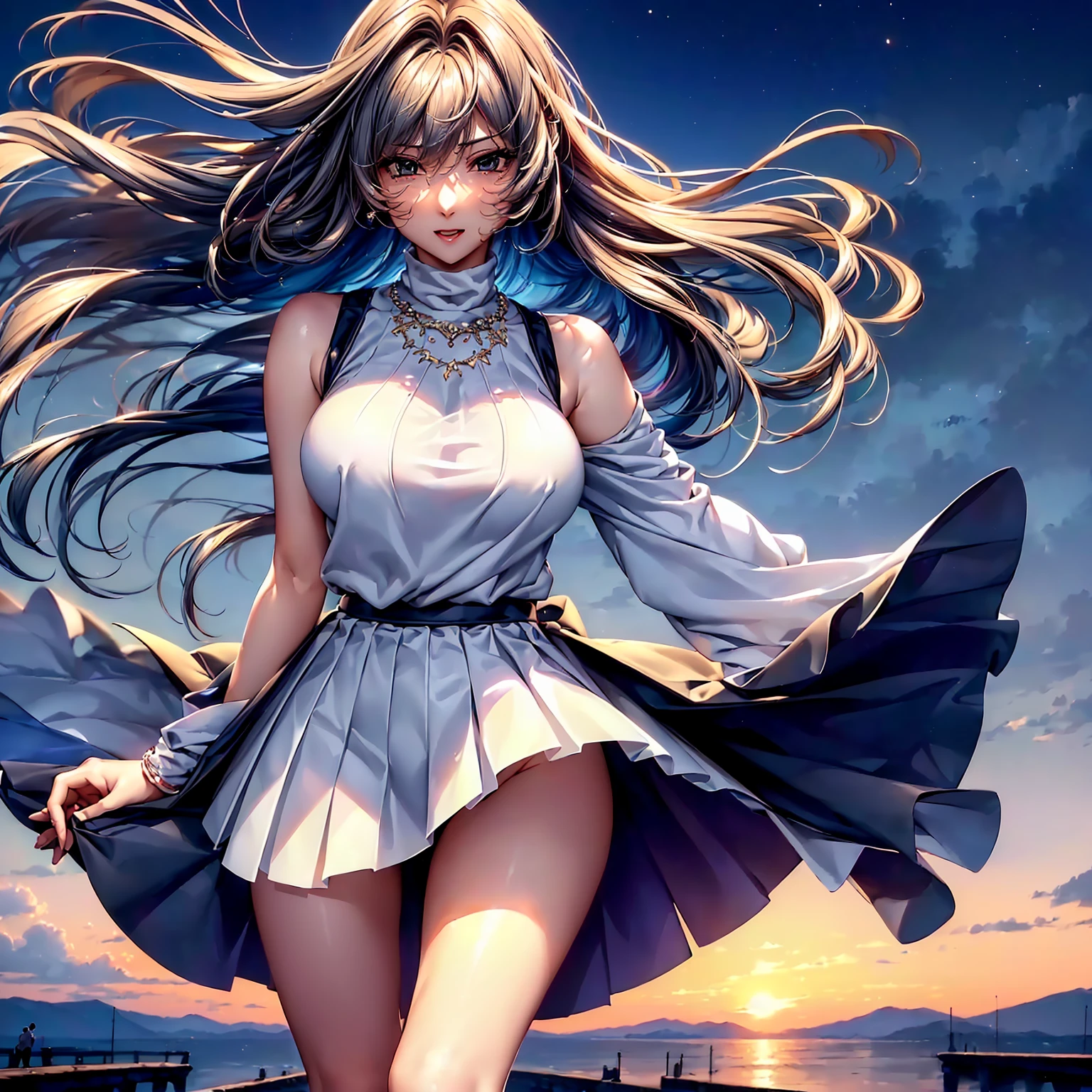 (highest quality、masterpiece、very high resolution、ultra high resolution.High-quality detail)、(A woman with perfect and ultimate beauty:18-year-old,bright smile,beautiful body、beautiful face)、(There are many variations of hairstyles,The bangs are neatly arranged,beautiful hair),(Beautiful breasts with a slender body shape:E cup,beautiful hair texture,Beautiful skin texture,Lifelike textures,Beautiful colors),(Sleeveless knitwear:pattern and color,diamond necklace,pleated mini skirt:pattern and color,shoulders are exposed:1.2),(On a large bridge,You can see a beautiful night view,beautiful starry sky,beautiful scenery),(the wind is blowing,The wind blows and my skirt flaps,The wind blows and the hair flutters,sight,mouth opens 1.2)(whole body,I can see my thighs,accurate anatomy、highly detailed images、accurate image、Perfect Image 1.5)、beautiful anime woman, beautiful art style, anime character、(Overall image、Image without defects、natural soft light、beautiful images),(best shot,RAW photo 1.2)