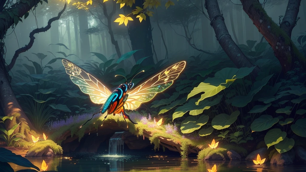 masterpiece, highest quality, (Highly detailed CG Unity 8K wallpaper), (highest quality), (best illustrations), (best shadows), Glow Sprite, With many shining butterflies, In the pool Drinking water, natureの要素 in the forest theme. Mysterious Forest, beautiful forest, nature, Surrounded by shining flowers, delicate leaf and branches surrounded by fire Fly (natureの要素), (Jungle theme), (leaf), (Twigs), (fire Fly), (particle effects), wait. 3D, octane rendering, ray tracing, super detailed