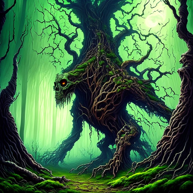 a monster,(((walking tree))),(tree monster),solo,moving twisted tree with skeletons,many skulls,Ent,dead rotting skin on the face,detailed rotting peeling dead skin,full body view,(in the dark green forest),overgrown tomb,woodland cemetery,dark cursed forest,nocturnal environment,scary atmosphere,menacing tree branches,withered leaves,haunted environment,distorted reality,dark and gloomy colors,fantasy art style,oil painting