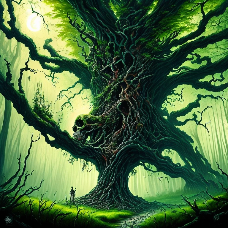 a monster,(((walking tree))),(tree monster),solo,moving twisted tree with skeletons,many skulls,Ent,dead rotting skin on the face,detailed rotting peeling dead skin,full body view,(in the dark green forest),overgrown tomb,woodland cemetery,dark cursed forest,nocturnal environment,scary atmosphere,menacing tree branches,withered leaves,haunted environment,distorted reality,dark and gloomy colors,fantasy art style,oil painting
