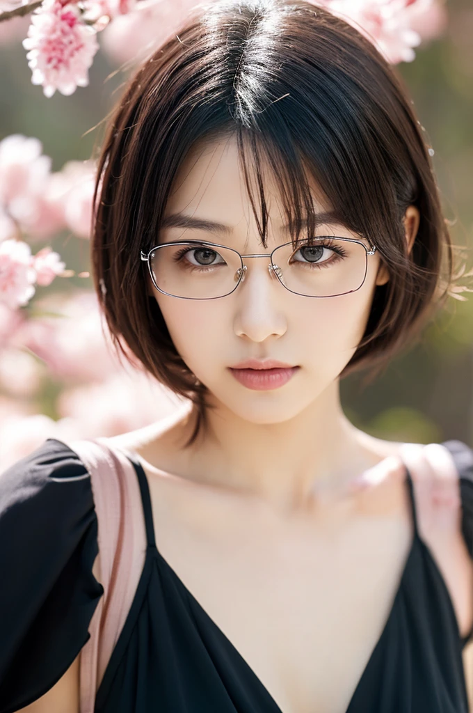 Sakura Haruno, fascinating, ((forehead to show)), Charm, sexy eyes, delicate, young, short hair, detailed face, High resolution, whole body, glasses black hair