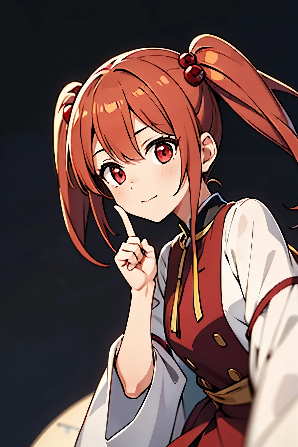 cute,cute,
1 girl, alone,
cranberry hair, twin tails, bangs, hair ornaments,
red eyes,
index finger,
close view, From Adobe,
Happily,
clothes with ribbons,
simple background