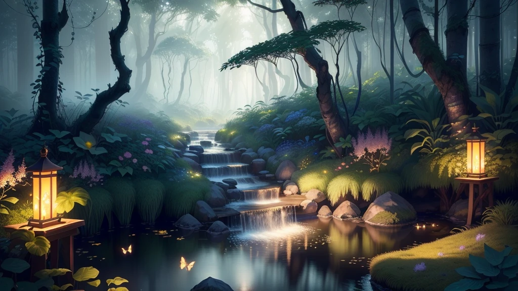 masterpiece, highest quality, (Highly detailed CG Unity 8K wallpaper), (highest quality), (best illustrations), (best shadows), Glow Sprite, With many shining butterflies, In the pool Drinking water, natureの要素 in the forest theme. Mysterious Forest, beautiful forest, nature, Surrounded by shining flowers, delicate leaf and branches surrounded by fire Fly (natureの要素), (Jungle theme), (leaf), (Twigs), (fire Fly), (particle effects), wait. 3D, octane rendering, ray tracing, super detailed