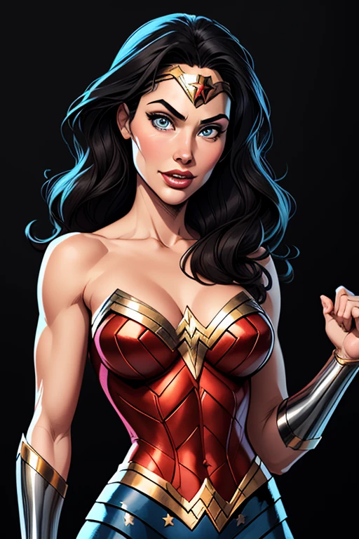 (cartoon style:1.2), Drawings of ([Wonder Woman]), perfect eyes, detailed face, black background, fun posing, flirty look, Centered, scale to fit the dimensions