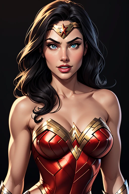 (cartoon style:1.2), Drawings of ([Wonder Woman]), perfect eyes, detailed face, black background, fun posing, flirty look, Centered, scale to fit the dimensions