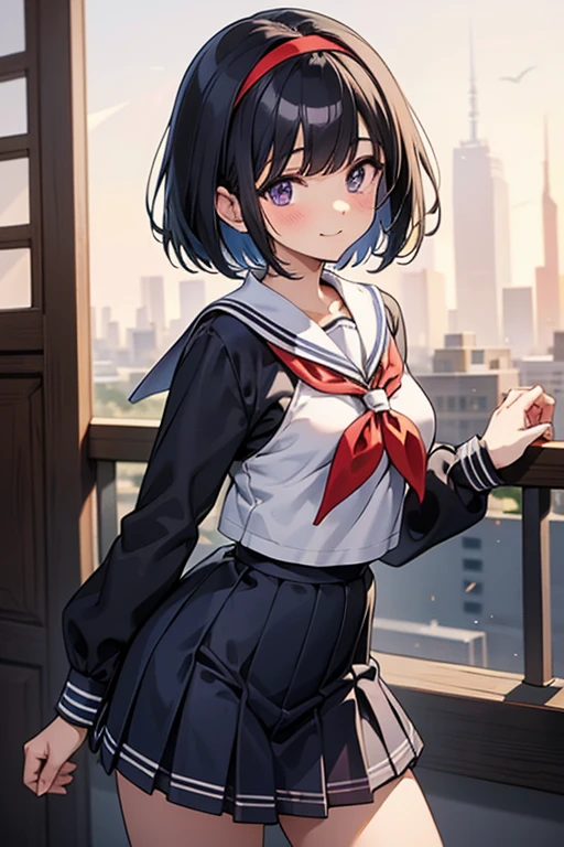 （masterpiece），（highest quality），（very detailed），（enlightenment），（ultra high resolution）, Anime adult girl with black hair and wearing a sailor suit, navy blue sailor uniform, anime style, 2D rendering of an anime adult girl, realistic young anime adult woman, Smooth anime CG art, headband, smile, purple eyes, small breasts, tall, Straight hair, short bob cut,long skirt, slanted eyes, The background is the city,