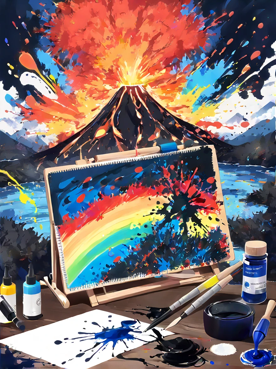 Whimsical vibe，an underwater world，((Undersea volcano eruption on 1 drawing board with magma and lava splashes made of ink:1.6))，((ink pigment，Strong splash of colored ink:1.6))，(在画布和火山上有更多的ink splatter effect:1.6)，(Character covered in ink liquid splatter:1.6), (ink splatter effect:1.4)，(Splash paint:1.4), (Rainbow paint splash:1.4)，(paint splatter background:1.4)，The octopus should look happy doing its art，Surrounded by a vibrant aquatic environment filled with coral and marine life，(vector illustration:1.2)