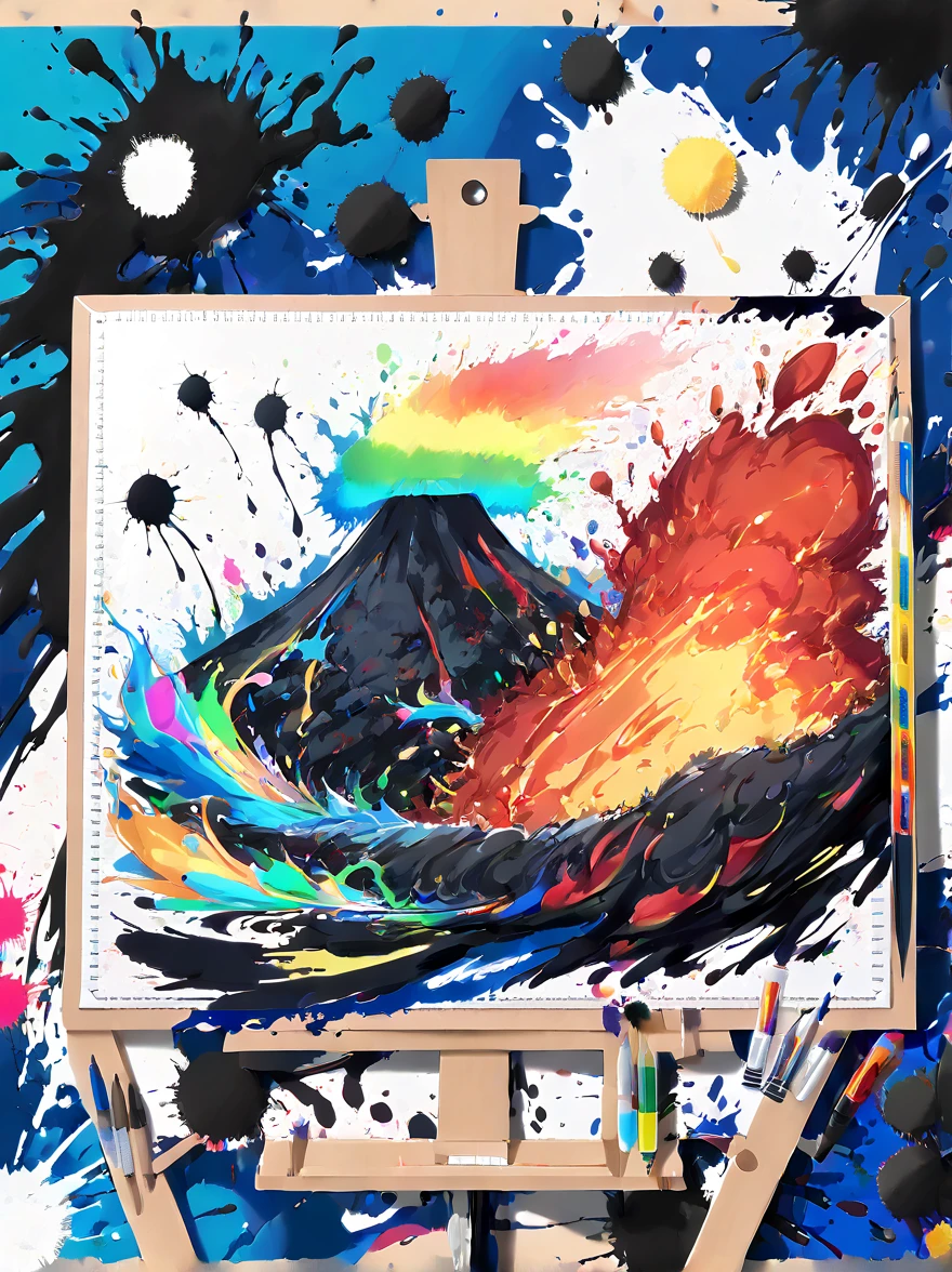 Whimsical vibe，an underwater world，((Undersea volcano eruption on 1 drawing board with magma and lava splashes made of ink:1.6))，((ink pigment，Strong splash of colored ink:1.6))，(在画布和火山上有更多的ink splatter effect:1.6)，(Character covered in ink liquid splatter:1.6), (ink splatter effect:1.4)，(Splash paint:1.4), (Rainbow paint splash:1.4)，(paint splatter background:1.4)，The octopus should look happy doing its art，Surrounded by a vibrant aquatic environment filled with coral and marine life，(vector illustration:1.2)