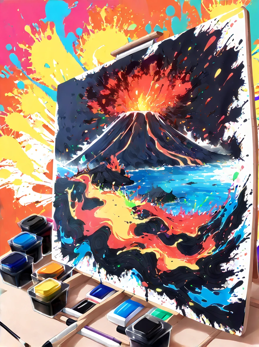 Whimsical vibe，an underwater world，((Undersea volcano eruption on 1 drawing board with magma and lava splashes made of ink:1.6))，((ink pigment，Strong splash of colored ink:1.6))，(在画布和火山上有更多的ink splatter effect:1.6)，(Character covered in ink liquid splatter:1.6), (ink splatter effect:1.4)，(Splash paint:1.4), (Rainbow paint splash:1.4)，(paint splatter background:1.4)，The octopus should look happy doing its art，Surrounded by a vibrant aquatic environment filled with coral and marine life，(vector illustration:1.2)