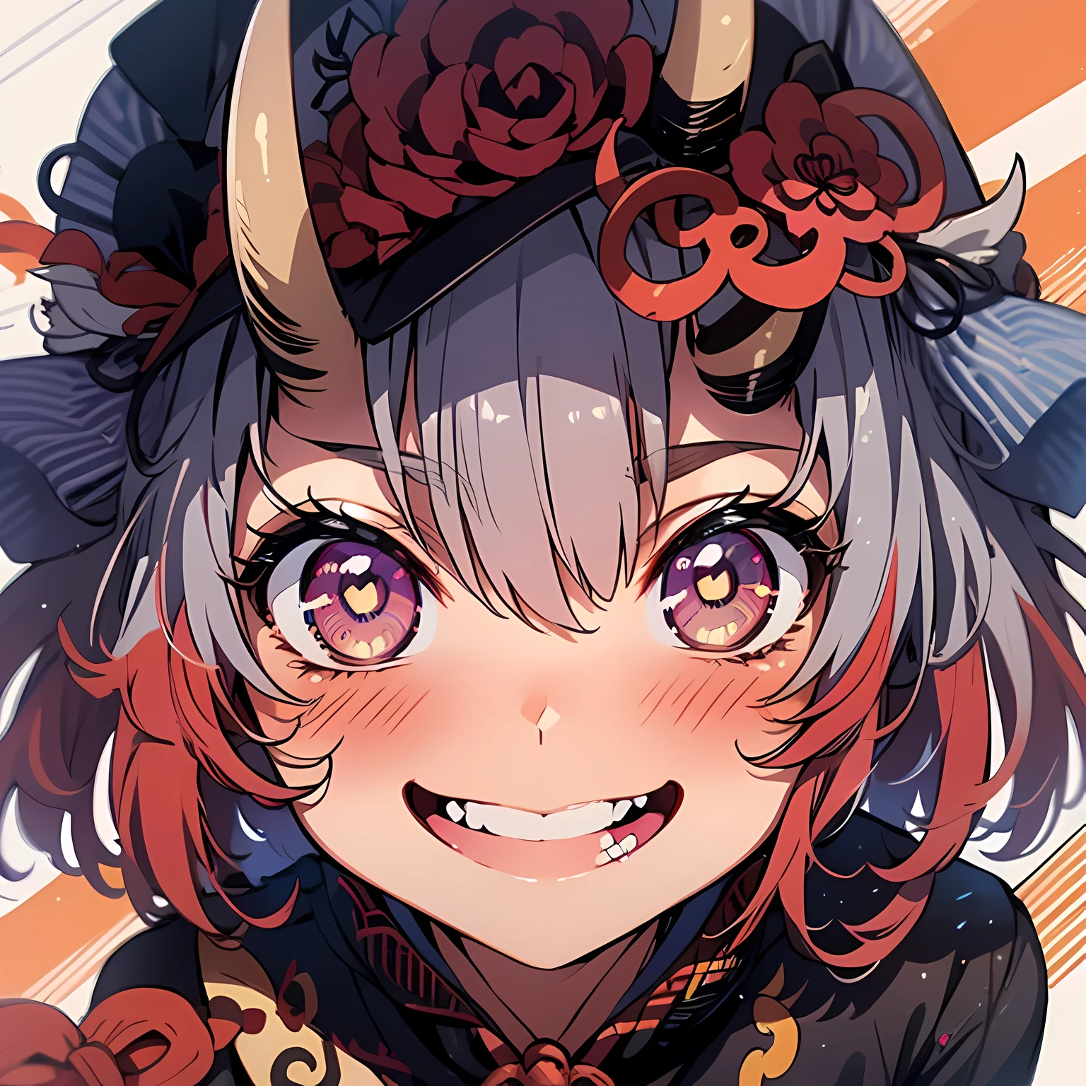japanese folklore, grinning, sharp teeth, ((them girl)), bloody color, arms stretched out around, Bright red, Colorful style, white short hair, ((thick line)), them trumpet, them_trumpet, Japanese cartoons_them_trumpet
