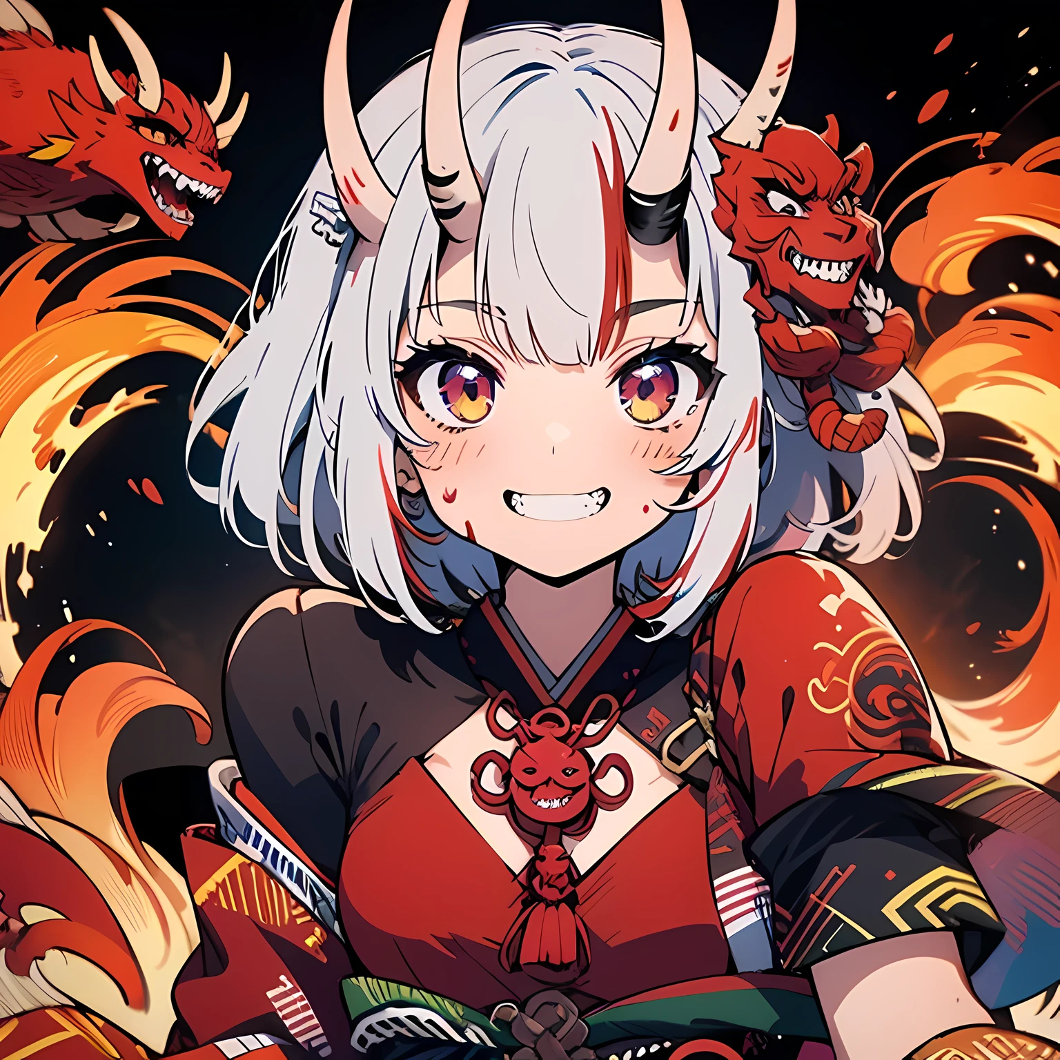japanese folklore, grinning, sharp teeth, ((them girl)), bloody color, arms stretched out around, Bright red, Colorful style, white short hair, ((thick line)), them trumpet, them_trumpet, Japanese cartoons_them_trumpet