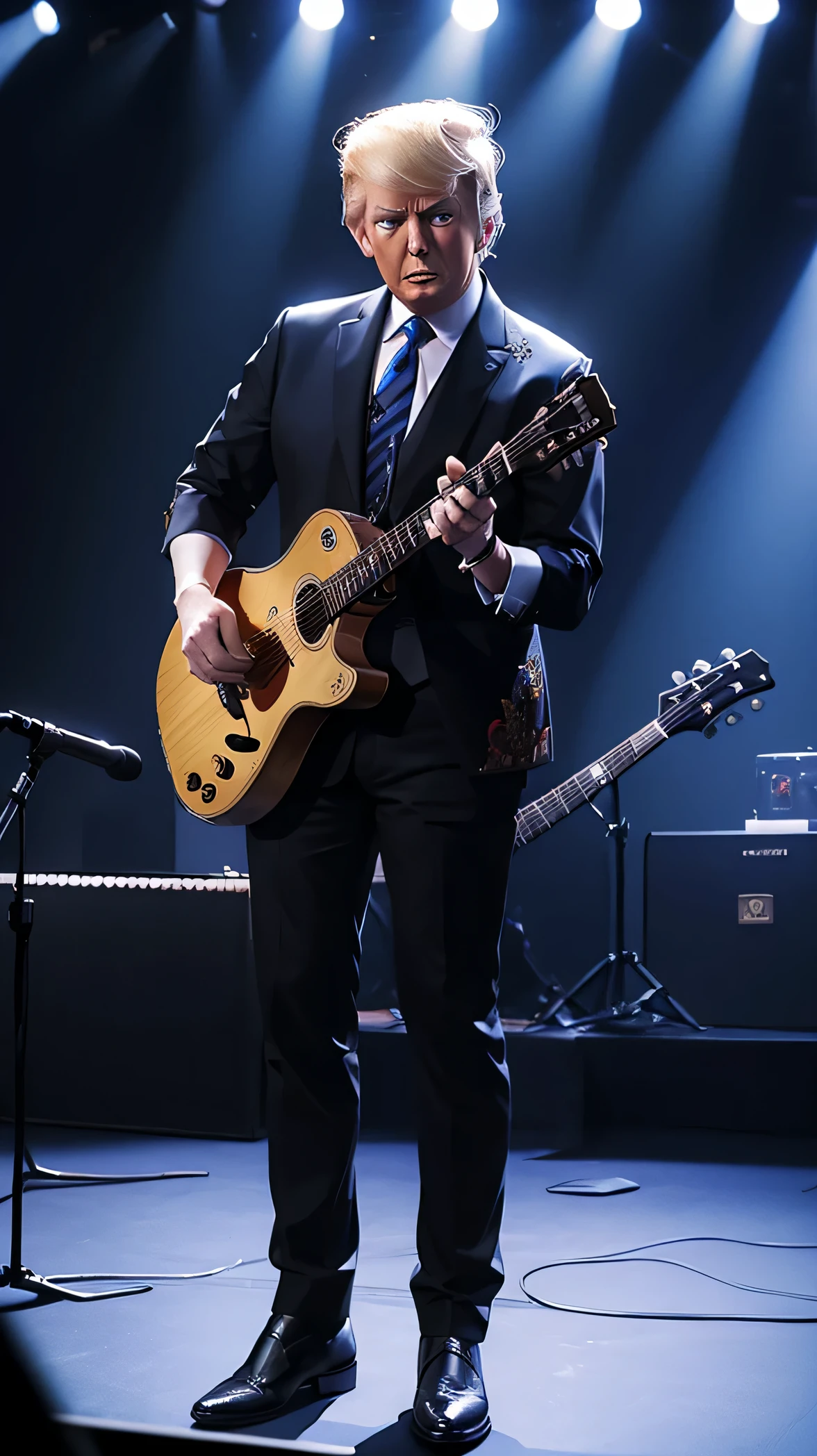 (donald Trump fotorrealista) 8k, rock and roll dress, tocando guitarra eletric guitar on stage, uhd, only him, alta qualidade, usando pent, uhd