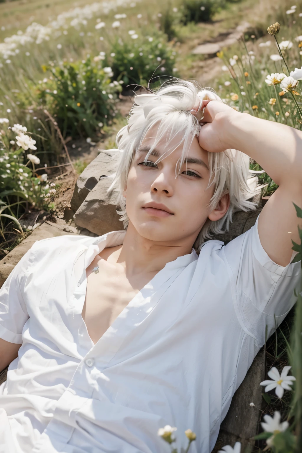 anime boy,white hair,lying down in the field,full of flowers
