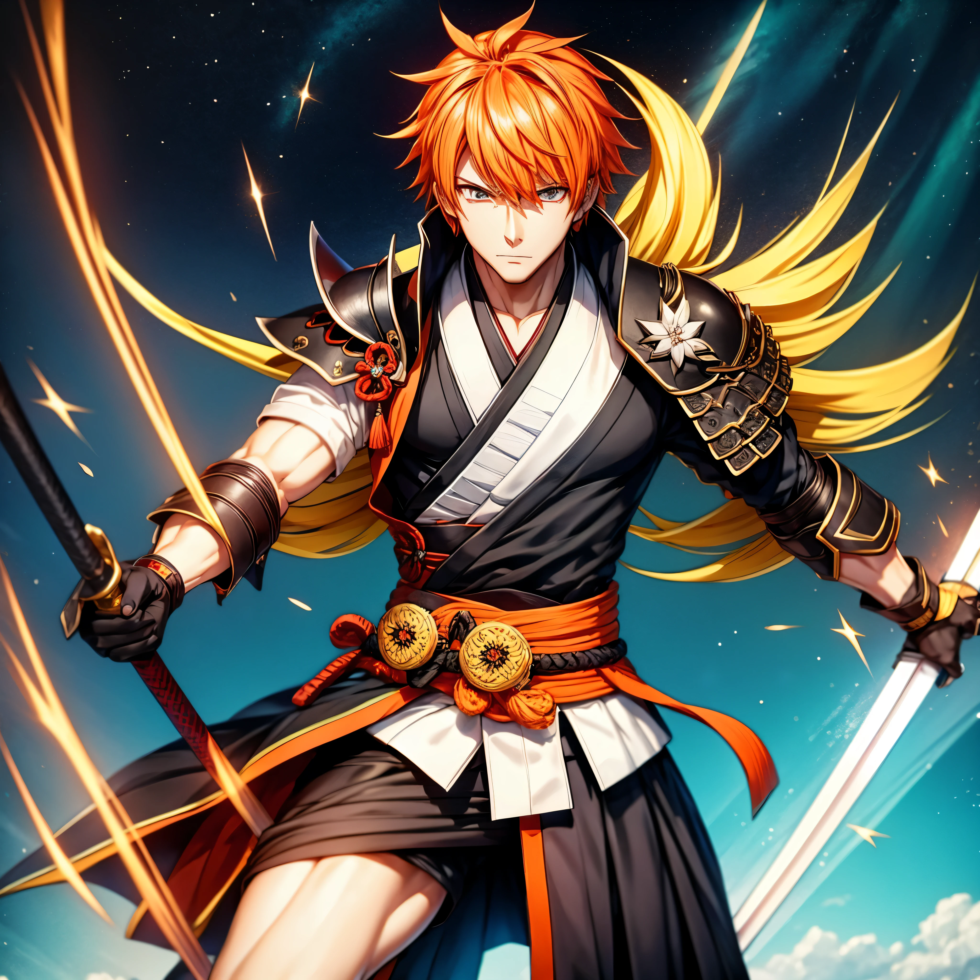 Ichigo-Kuroski Character ((Male)) , Orange Hair Ichigo Bleach style , One (( Samurai)) Bankai sword, Black Eyes , (( CUTE )) , Only One Character , (( Focus on a Character )) , Digital Anime combat Pose, Powerful , Beautiful Man , large black Sword, multidimensional geometric wall PORTRAIT, arte, Chibi, Yang08k, lindo, Colouring, Primary works, qualidade superior, melhor qualidade, Arte Oficial, Beautiful and Aesthetic, varied multi etc. --v 6 --s 1000 --c 20 --q 20 --chaos 100